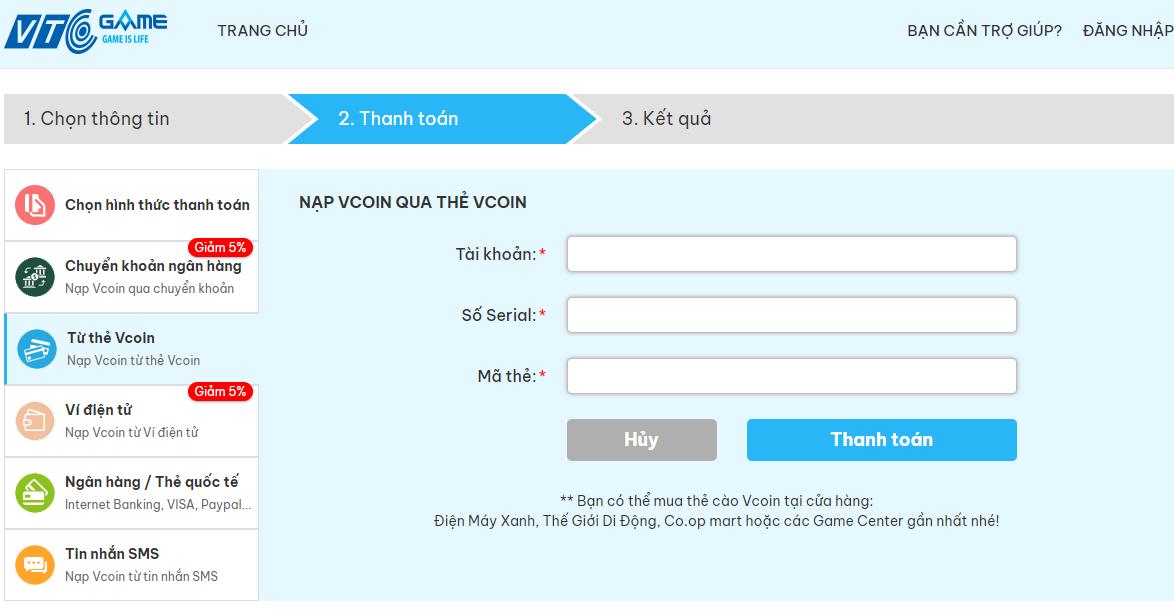 PHẦN MỀM: NẠP THẺ VTC VCOIN